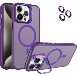 Caseart Apple iPhone 15 Pro Max Lens Hediyeli Kapak Kamera Korumalı Wireless Şarj Özellikli Standlı Premium Kılıf -  Mor