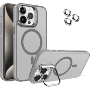 Caseart Apple iPhone 15 Pro Max Lens Hediyeli Kapak Kamera Korumalı Wireless Şarj Özellikli Standlı Premium Kılıf - Gri