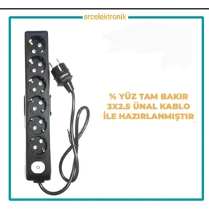 Multi-Let 6 Lı 3x2.5 Ünal Kablo Tam Bakır (1 ile 15 Metre Arası) Anahtarlı Topraklı Çocuk Korumalı Uzatma Grup Priz ( 3x2.5 Ttr Ünal Kablo Tam Bakır) Ttr Kablo Tseli HO5VV-F