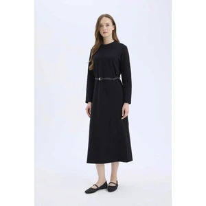Regular Fit Bisiklet Yaka Uzun Kollu Kemerli Selanik Kumaş Maxi Elbise E5790AX25SP
