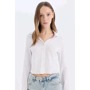 Coool Fitted Basic Düz Düğmeli Uzun Kollu Crop Beyaz Gömlek A0012AX25SP