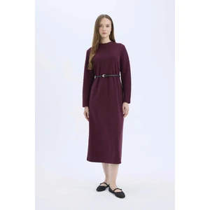 Regular Fit Bisiklet Yaka Uzun Kollu Kemerli Selanik Kumaş Maxi Elbise E5790AX25SP