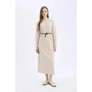 Regular Fit Bisiklet Yaka Uzun Kollu Kemerli Selanik Kumaş Maxi Elbise E5790AX25SP
