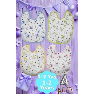 Bebek  Cotton Arkası Muşambalı Su Geçirmez Renkli Mama Önlüğü 4'lü Set 1-2 Yaş