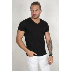 Siyah V Yakalı Likralı Dar Kesim Erkek Tshirt 1801165