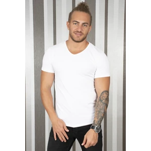 Beyaz V Yakalı Likralı Dar Kesim Erkek Tshirt 1801165