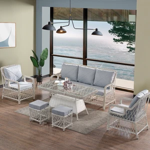 Edra Rattan Puflu Bahçe Balkon Takımı 3+1+1+Camı Masa Kemik Rengi