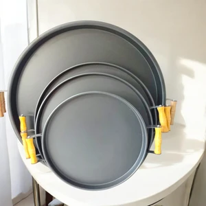 Ahşap Kulplu Metal Tepsi Çay Tepsisi 4'lü (51, 40, 37, 30 Cm) Kahve Tepsisi Sunum Tepsi Seti