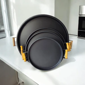 Ahşap Kulplu Metal Tepsi Çay Tepsisi 4'lü (51, 40, 37, 30 Cm) Kahve Tepsisi Sunum Tepsi Seti