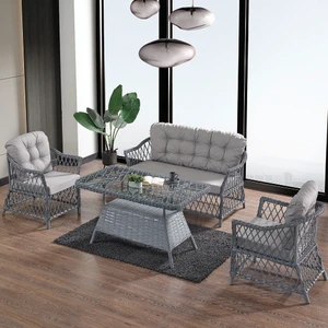 Icon Rattan Bahçe Balkon Oturma Takımı 2+1+1+Camlı Masa Gri