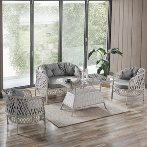 Konfor Rattan Bahçe Balkon Oturma Takımı 2+1+1+Camlı Masa Kemik Rengi