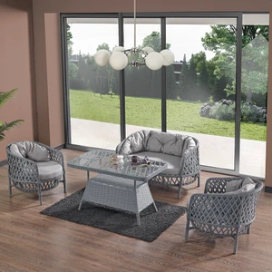 Konfor Rattan Bahçe Balkon Oturma Takımı 2+1+1+Camlı Masa Gri