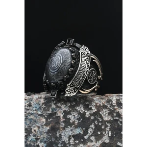 Prestige Gümüş Özel Tasarım Sıkma Kehribar Taşlı Ayetel Kürsi ve Kelime-I Tevhid Yazılı ve Zülfikar Kılıcı 925 Ayar Gümüş Erkek Yüzüğü 901433