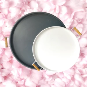 Ahşap Kulplu 2'li 50 cm ve 37 cm Yuvarlak Metal Tepsi Kahvaltı Çay Kahve Sunum Tepsisi