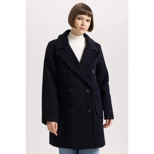 Regular Kalıp Kruvaze Yaka Düğmeli Cepli Yünlü Hafif Uzun Kaşe Kaban A9899AX23WN