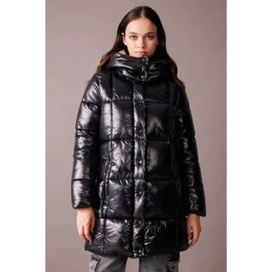 Su İtici Puffer Uzun Şişme Mont Parka Parlak Kumaş Fermuar Çıtçıt Kapamalı Cepli A9947AX23WN