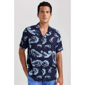 Relax Fit Apaş Yaka Desenli Viskon Kısa Kollu Gömlek B1257AX23HS