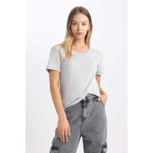 Kadın Gri Slim Fit Dar Kesim V Yaka Düz Basic %100 Pamuk Kısa Kollu Tişört B0647AXNS