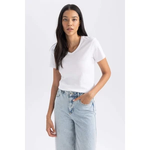 Kadın Beyaz Slim Fit Dar Kesim V Yaka Düz Basic %100 Pamuk Kısa Kollu Tişört B0647AXNS