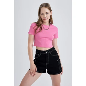 Kadın Pembe Fitted Bisiklet Yaka Düz Basic Pamuklu Kısa Kollu Tişört B0688AXNS