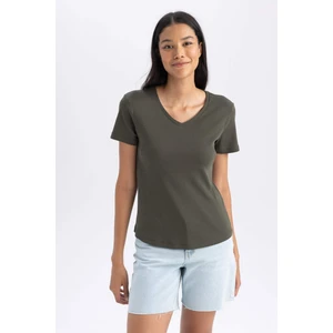 Kadın Haki Slim Fit Dar Kesim V Yaka Düz Basic %100 Pamuk Kısa Kollu Tişört B0647AXNS