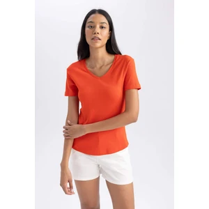 Kadın Kırmızı Slim Fit Dar Kesim V Yaka Düz Basic %100 Pamuk Kısa Kollu Tişört B0647AXNS