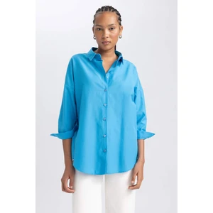 Kadın Mavi Oversize Fit Geniş Kesim Gömlek Yaka Basic Düz Poplin Uzun Kollu Tunik B0659AXNS