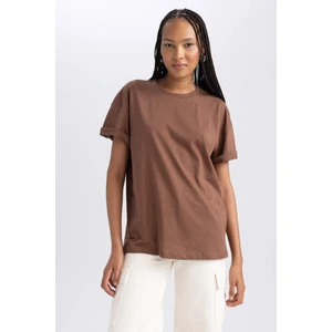 Kadın Kahverengi Oversize Fit Geniş Kesim Bisiklet Yaka Basic Düz %100 Pamuk Kısa Kollu Tişört B0648AXNS