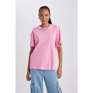 Kadın Pembe Oversize Fit Geniş Kesim Bisiklet Yaka Basic Düz %100 Pamuk Kısa Kollu Tişört B0648AXNS