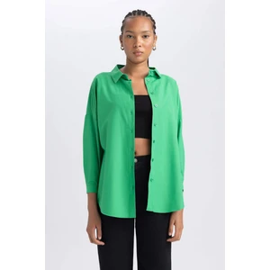 Kadın Yeşil Oversize Fit Geniş Kesim Gömlek Yaka Basic Düz Poplin Uzun Kollu Tunik B0659AXNS