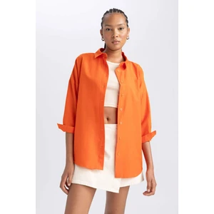 Kadın Turuncu Oversize Fit Geniş Kesim Gömlek Yaka Basic Düz Poplin Uzun Kollu Tunik B0659AXNS