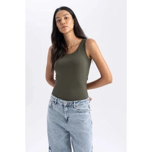 Kadın Haki Slim Fit Dar Kesim Bisiklet Yaka Düz Basic %100 Pamuk Atlet B0652AXNS