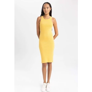 Kadın Sarı Bodycon Dress Vücudu Saran Halter Yaka Düz Basic Pamuklu Ribana Kolsuz Midi Elbise B0657AXNS
