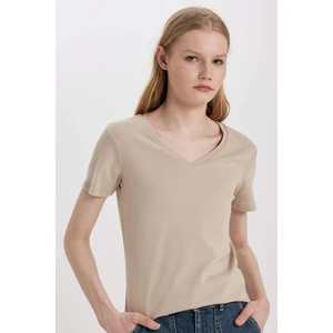 Slim Fit Dar Kesim V Yaka Ribana Basic Düz %100 Pamuk Kısa Kollu Tişört I1080AZ24SM