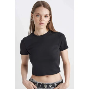 Coool Fitted Ribana Basic Düz Crop Kısa Kollu Siyah Tişört T9631AZ24SM