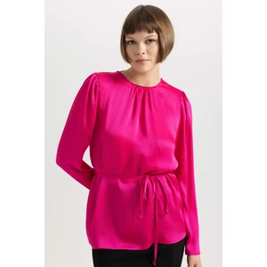 Fitted Yuvarlak Yaka Uzun Kollu Şifon Bluz B7356AX23WN