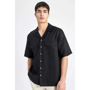%100 Keten Relax Fit Polo Yaka Yazlık Basic Düz Kısa Kollu Siyah Gömlek B6687AX24SP