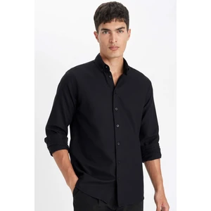Siyah Modern Fit Polo Yaka Petek Dokulu Basic Düz Uzun Kollu Gömlek B7383AX24SP
