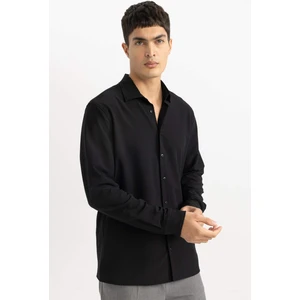 Modern Fit Polo Yaka Basic Düz Krinkıl Uzun Kollu Siyah Gömlek B7384AX24SP