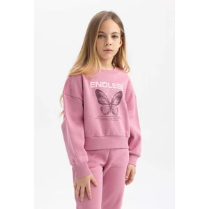 Kız Çocuk Relax Fit Bisiklet Yaka Baskılı Kalın Sweatshirt B4675A823WN