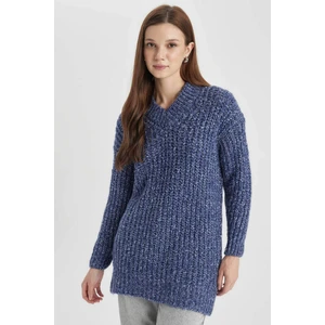 Regular Fit V Yaka Örgü Desenli Triko Kazak Tunik B8139AX23WN
