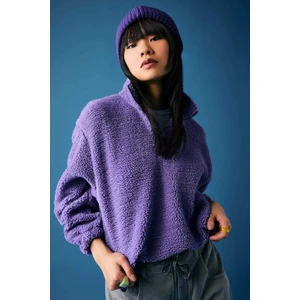 Coool Oversize Fermuarlı Dik Yaka Basic Düz Pelüş Sweatshirt B9836AX23WN