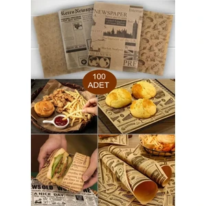 100 Adet Kendinden Desenli Yağlı Kağıt Vintage Gazete Desen Sunum Kağıdı