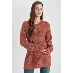 Regular Fit V Yaka Örgü Desenli Triko Kazak Tunik B8139AX23WN