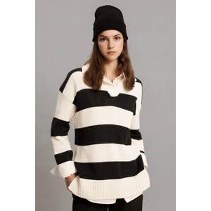 Regular Fit Polo Yaka Çizgili Triko Kazak Tunik B8370AX24SP