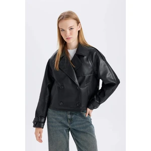 Su İtici Kısa Trençkot Kruvaze Yaka Düğmeli Suni Deri C0914AX24AU