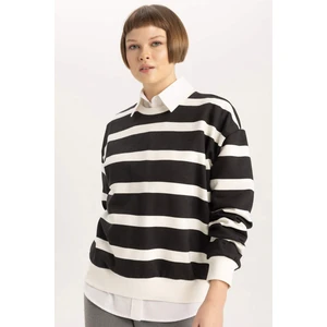 Relax Fit Bisiklet Yaka Çizgili Kalın Sweatshirt C1929AX23WN