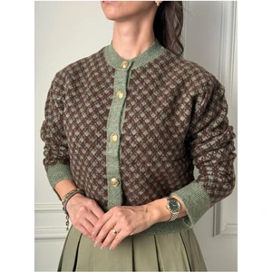 Kadın Haki Kahve Bisiklet Yaka Gold Düğme Detaylı Desenli Triko Hırka