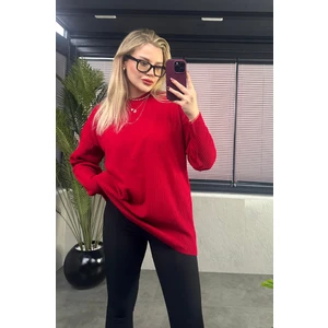 Koyu Kırmızı Yarı Boğazlı Fitilli Oversize Kazak