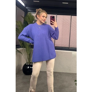 Mavi Yarı Boğazlı Fitilli Oversize Kazak